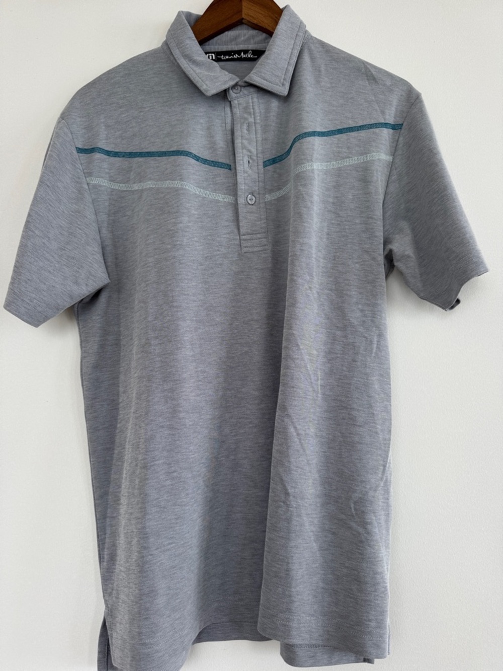Travis Mathew Gray Polo with Teal Chest Stripes
